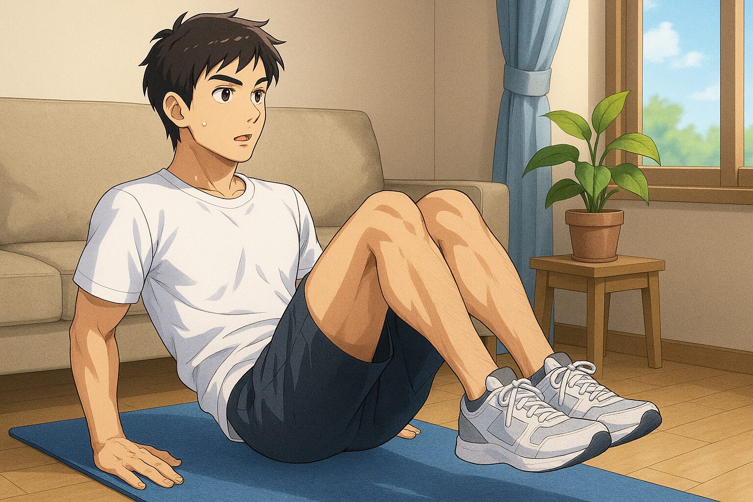 座った状態で両手を後ろにつき、膝を胸に引き寄せるニートゥチェストを行う男性のイラスト