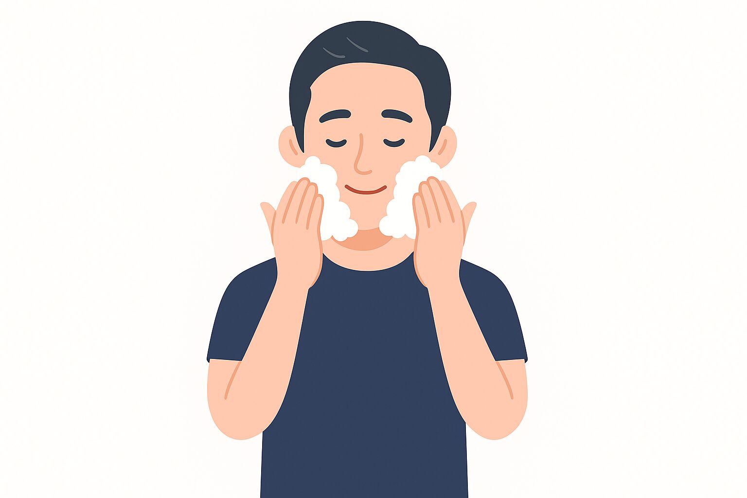 洗顔フォームの泡を両手にのせて顔を洗っている男性のイラスト。目を閉じてリラックスした表情でスキンケアをしている様子。