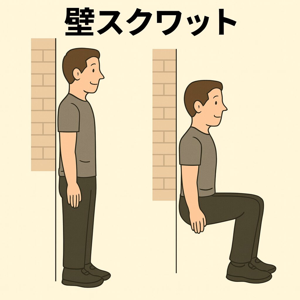 壁にもたれかかりながらスクワット姿勢をキープする男性のイラスト（ウォールシットのフォーム）