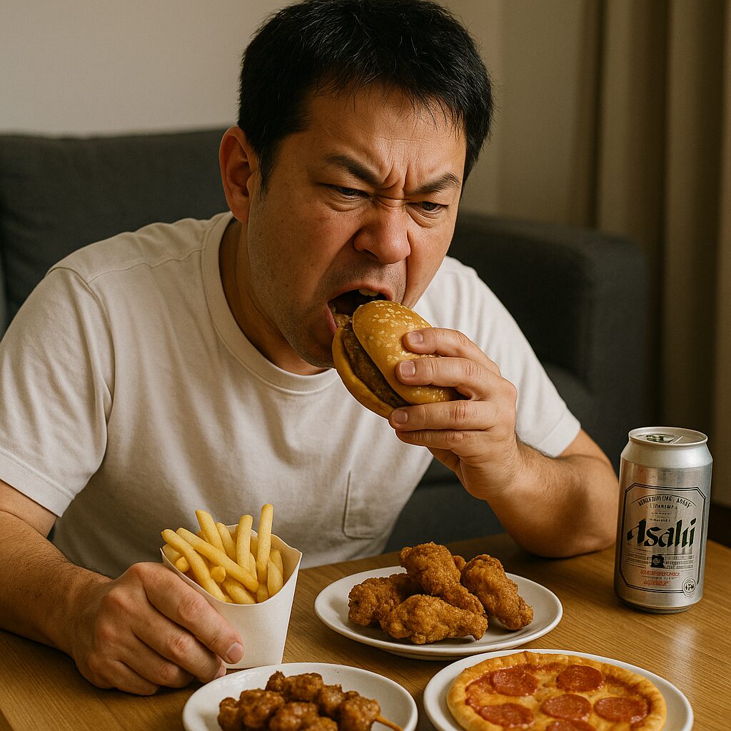 ハンバーガーを豪快に食べビールを飲む中年男性とジャンクフードのイメージ