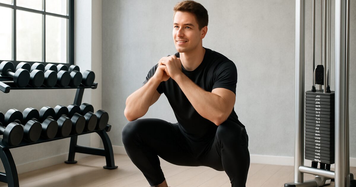 黒いTシャツの男性がジムでスクワットする様子｜30〜40代男性向けの正しいスクワットフォームを紹介するイメージ画像