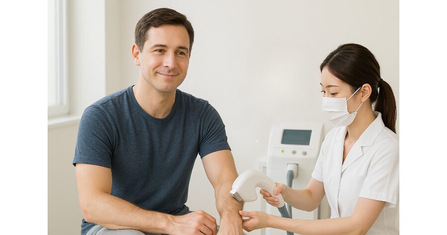 脱毛サロンで腕の施術を受ける男性と、対応する女性スタッフの様子。男性は半袖Tシャツ姿でリラックスした表情を見せている。