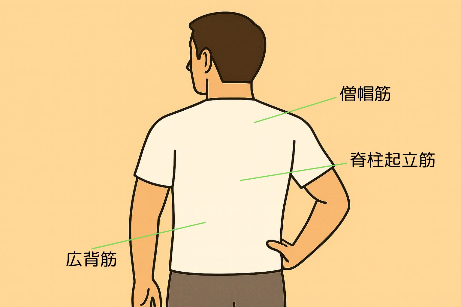 Ｔシャツ姿の男性の背中に、僧帽筋・脊柱起立筋・広背筋の位置がラベルで示されているイラスト