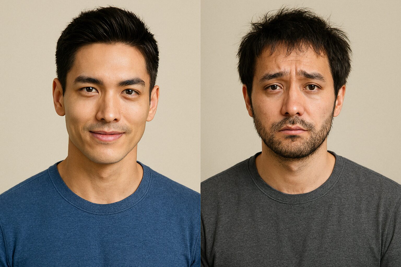 清潔感のある男性と、無精ひげが目立つ疲れた印象の男性を比較した2人の顔写真。肌の明るさや髪型、ひげの有無が第一印象に影響している例。
