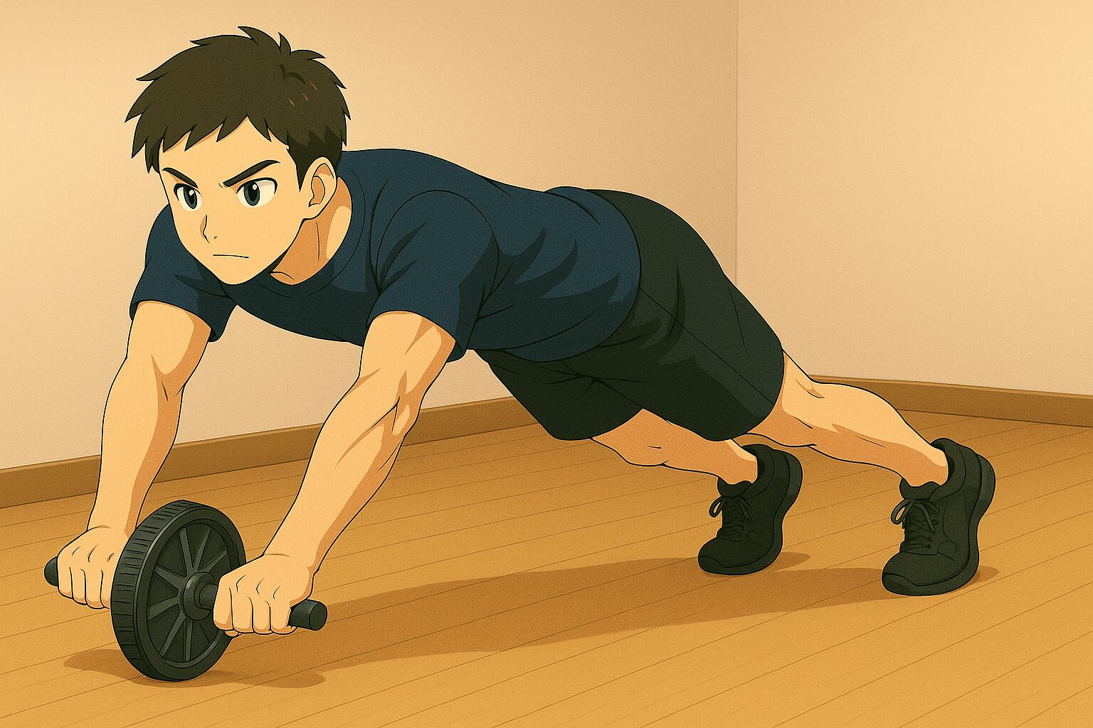 立った状態からアブローラーを転がして前に体を伸ばしている男性のイラスト。立ちコロの実践シーン