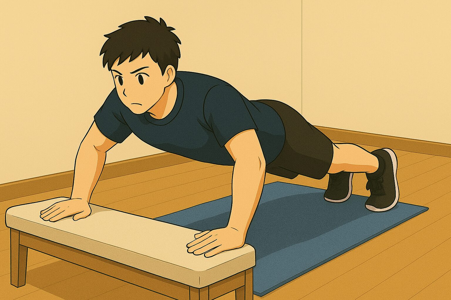 インクラインプッシュアップをする男性のイラスト。椅子に手を置くことで体への負荷を軽減し、初心者でも行いやすいフォーム。