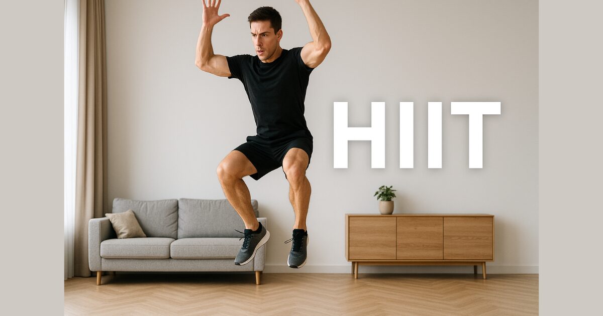 HIITトレーニング中にジャンプする男性｜自宅でできる高強度インターバル運動