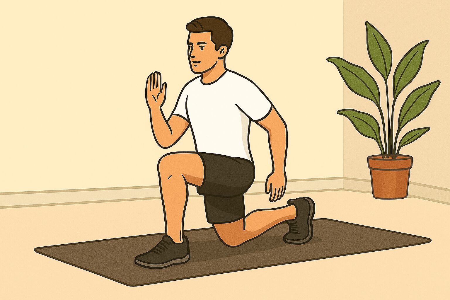 マットの上でバックランジを行う男性のイラスト。片脚を後ろに引き、膝を床に近づけている。太もも・お尻を鍛えるバランス型下半身トレーニング。