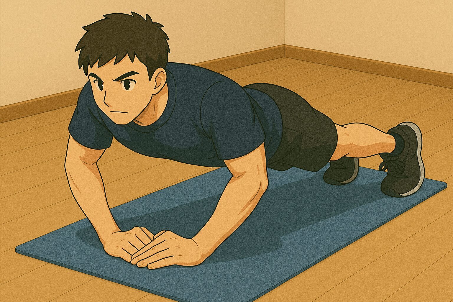 ダイヤモンドプッシュアップをする男性のイラスト。手を胸の下でひし形に組み、上腕三頭筋を集中的に鍛えるフォーム。