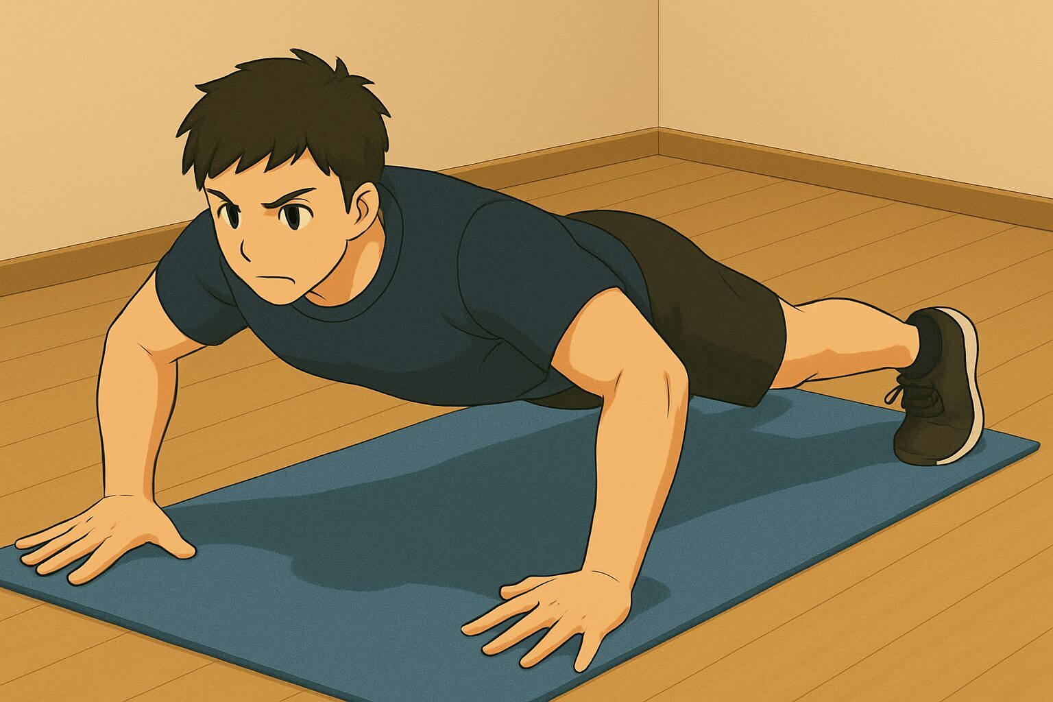 ワイドプッシュアップを行う男性のイラスト。肩幅より広く手を置き、大胸筋の外側に刺激を与えているフォーム。