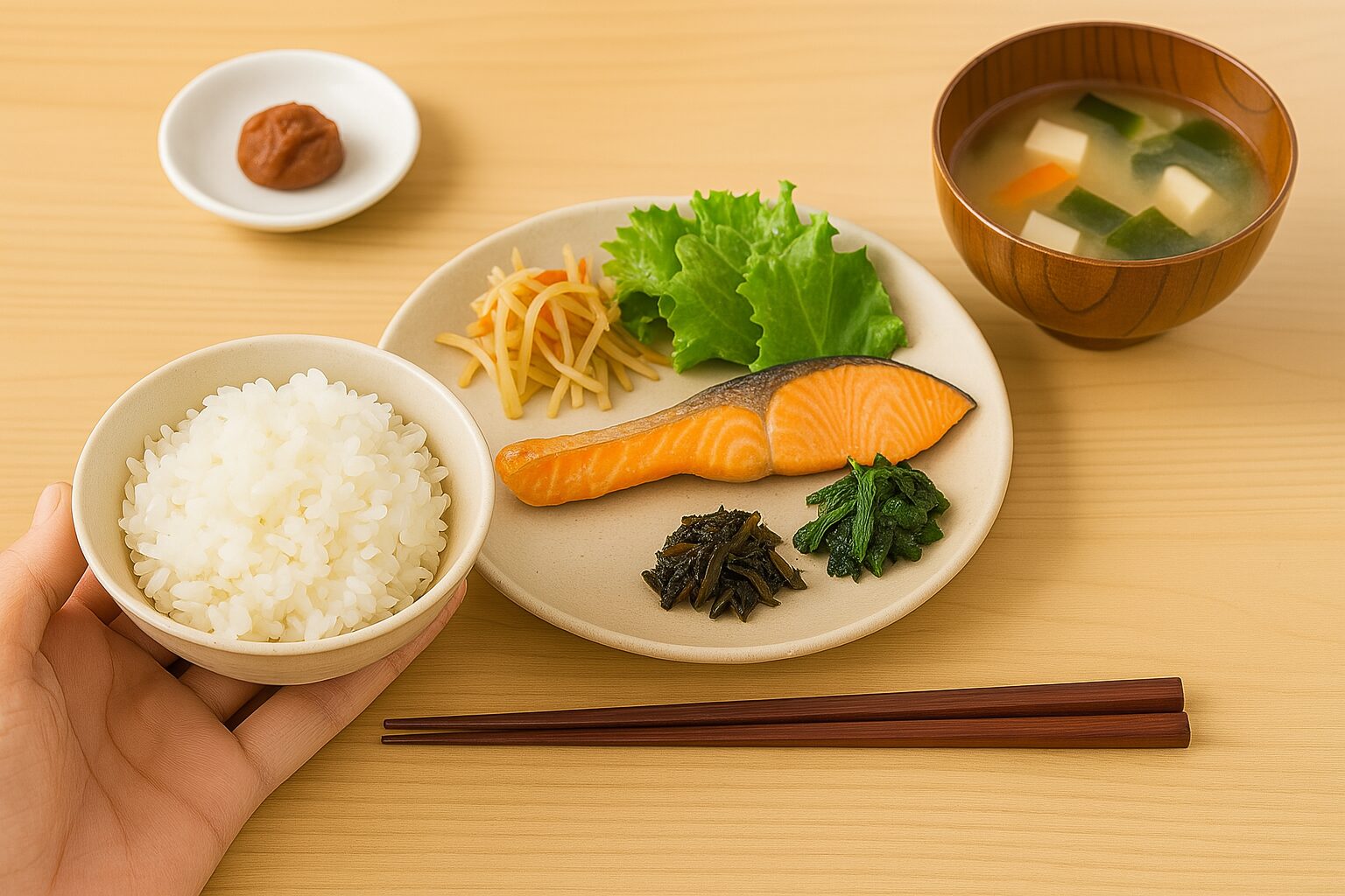 30代・40代男性向けダイエット|ご飯の量を控えたヘルシーな和朝食プレート(焼き鮭・味噌汁付き)
