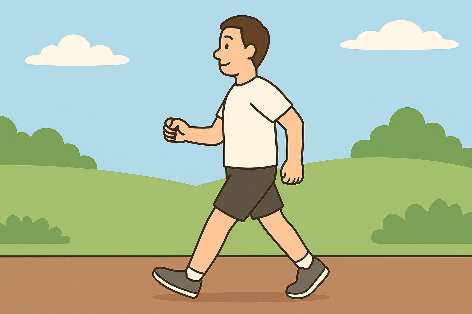 ダイエットの第一歩として公園をウォーキングする30〜40代男性のイラスト(運動初心者にもおすすめ)」