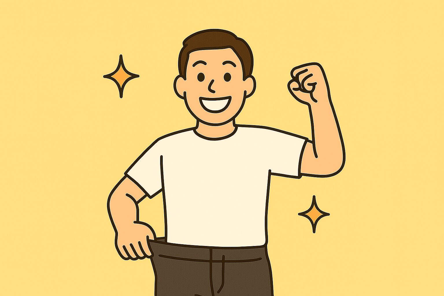 ダイエットに成功し、サイズダウンしたズボンを見せて喜ぶ男性のイラスト