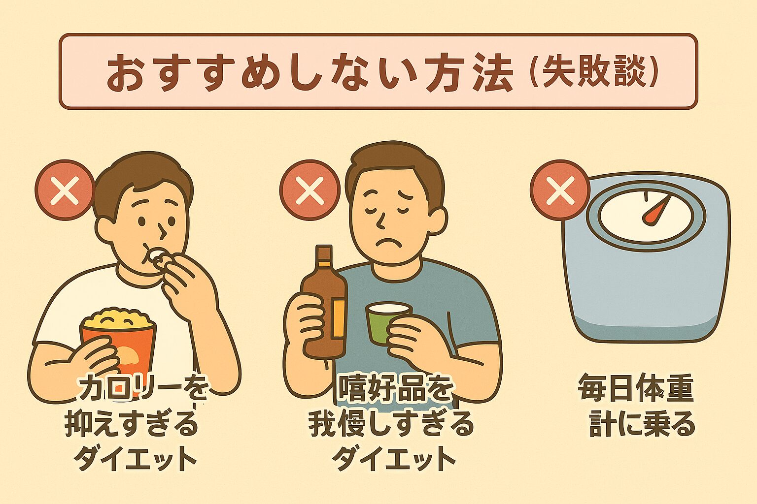 食事制限や体重計への執着など、過度なダイエットの失敗パターンをイメージした男性のイラスト